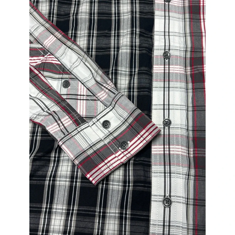 True Religion Mens XL Snap Colorblock Plaid Button Down Shirt White Red Cotton